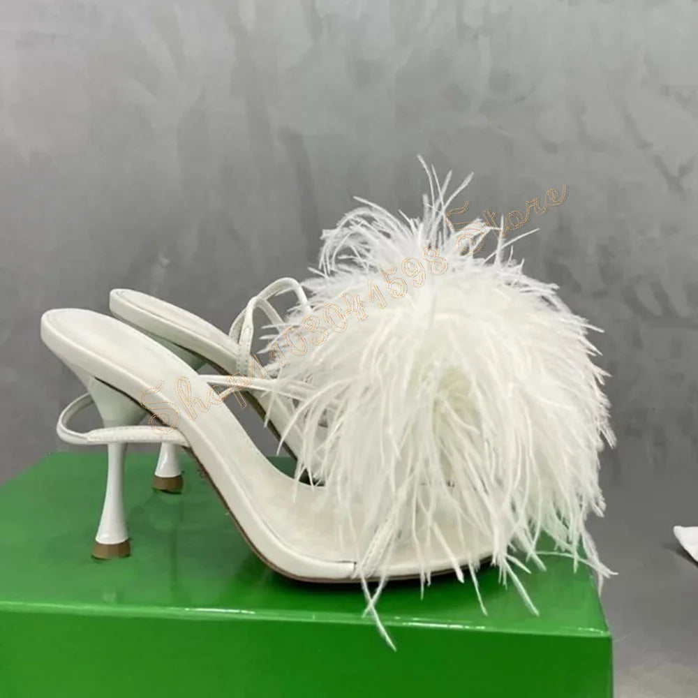Feather Decor Ankle Strap Sandals Stilettos High heels Shoes