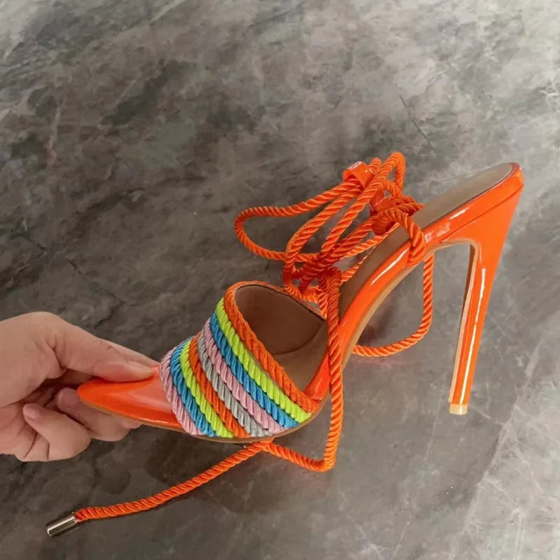 Colored Rope Woven Cross Strap Sandals Women High-heeled Shoes