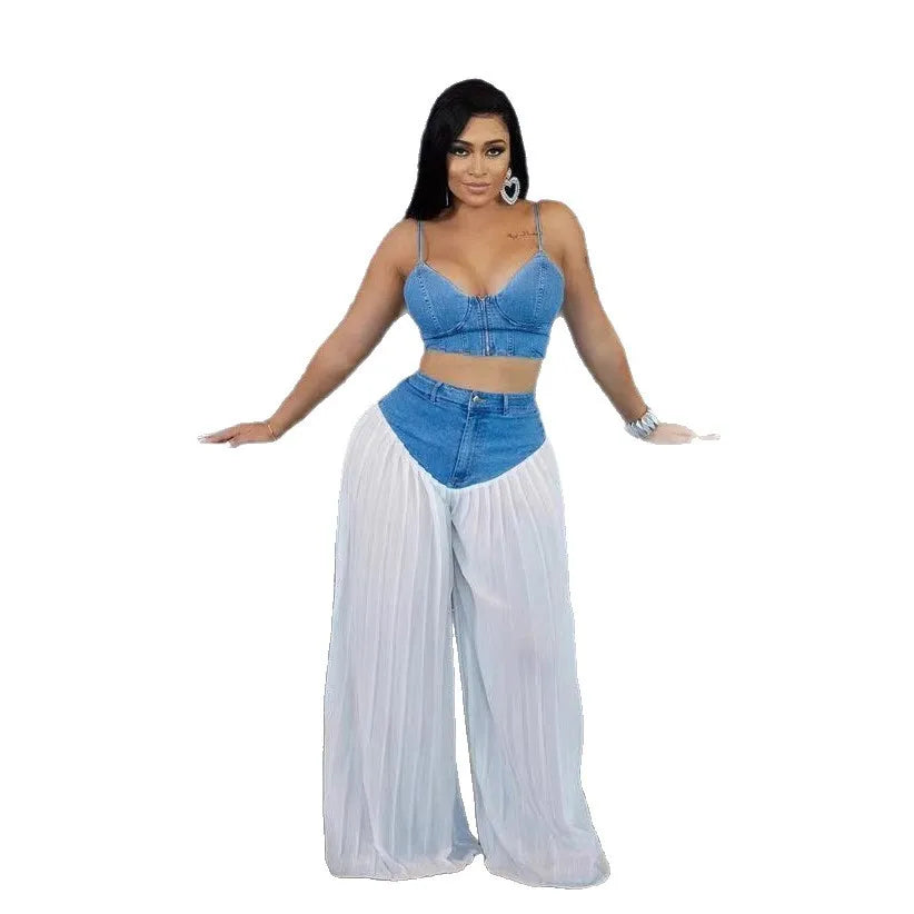 2 Piece Sets Women Sexy Denim Camisole Wide Leg Pants Patchwork Folds Slip Vest Floor Length Suit 2025 Summer Casual Outfits