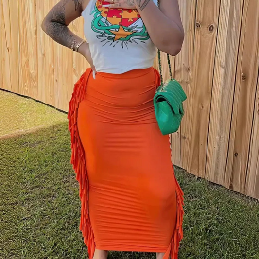 Two Piece Halter Lace-up Top and High Waist Tassels Skirt