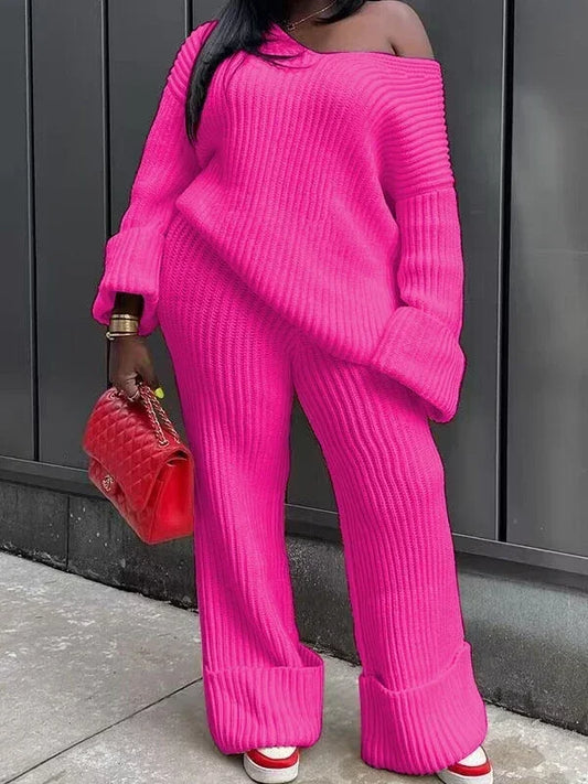 Spoken Dreams: Knit Ribbed Women's Long Sleeve V-neck Sweater Sets