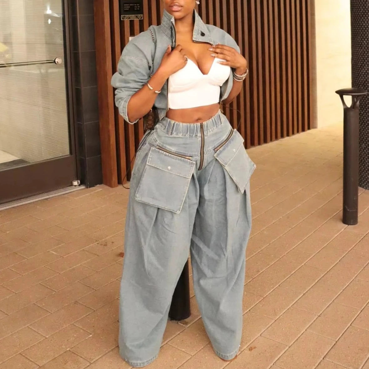 Denim Two Piece Sets Jacket Wide Leg Pants