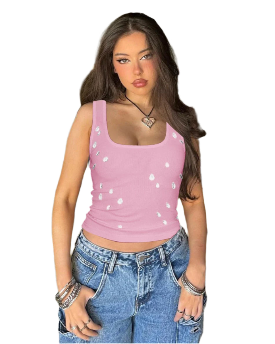 Ribbed Sleeveless Water Droplets Diamond Decorated Tank Sexy Casual Bodycon Top Party Club Streetwear Spring Summer