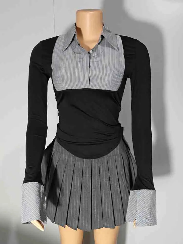 Hipster Women 2 Piece Set Y2K Chic Patchwork Irregular Button Crop Tops Pleated Skirts Matching Club Skinny Outfits