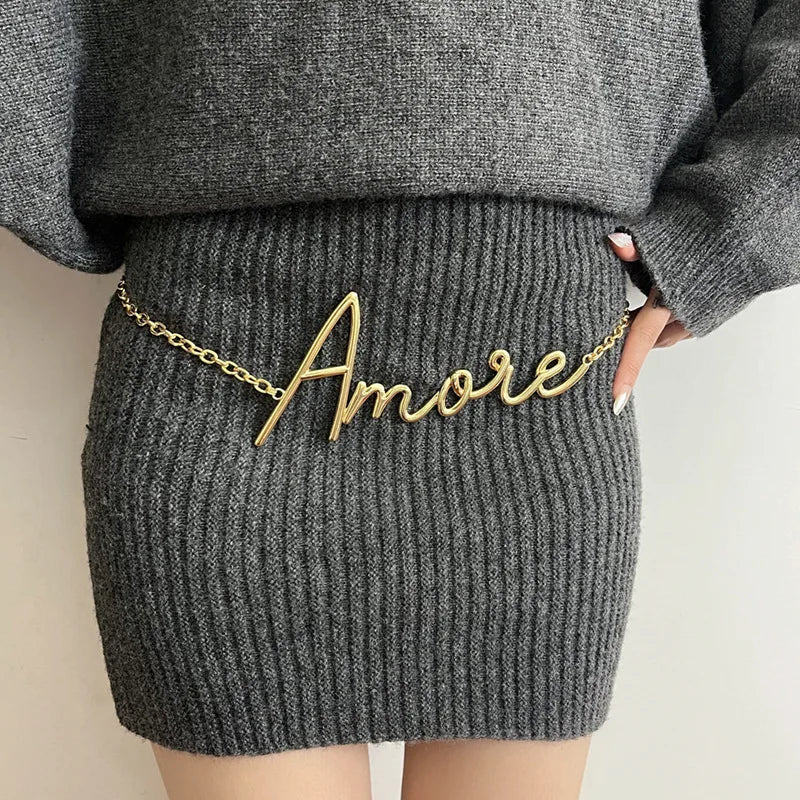 Charm Retro Elegant Gold Plated Letter Waist Chain for Women Girls Metal Daily Autumn and Winter Jewelry