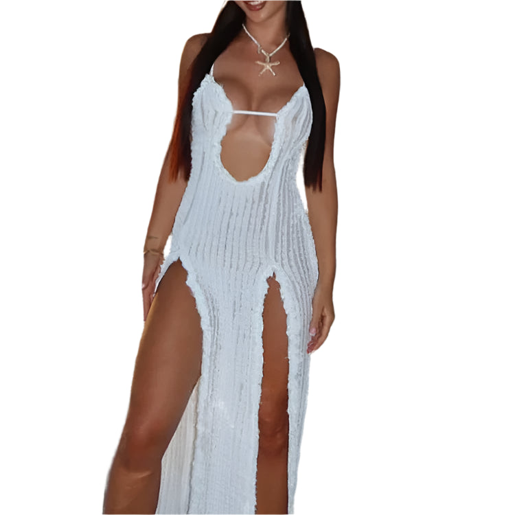 Cut Out Slit Cami Maxi Dress Vacation Outfits Summer Women's See Through M-Split Beach Cover-Ups Dress