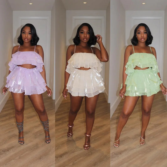Women's Two-piece Organza Solid Color Suspender Set