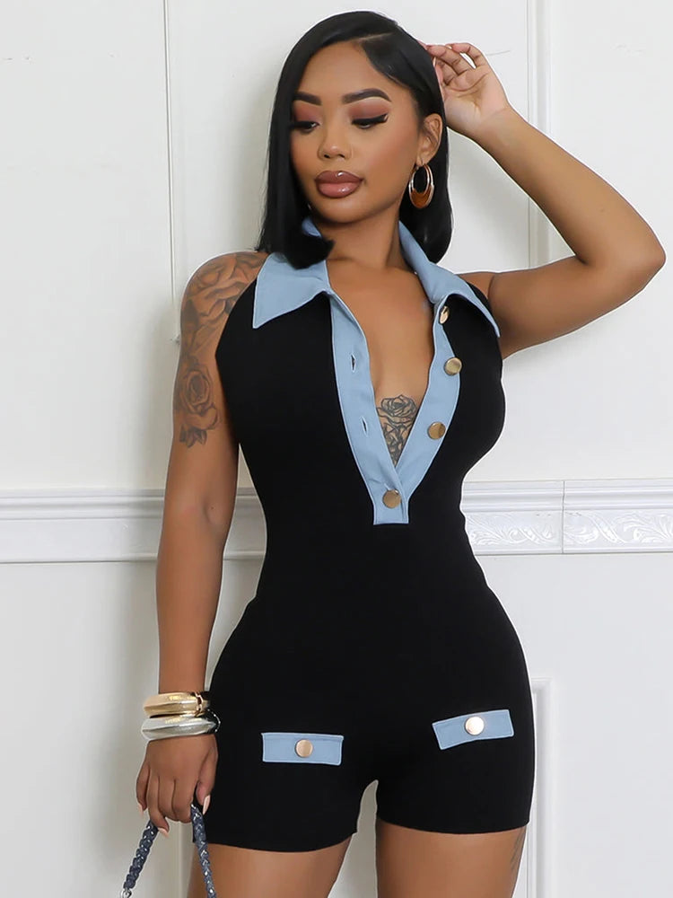 Denim Rompers Women Halter Button Polo-Neck Backless Sleeveless Set