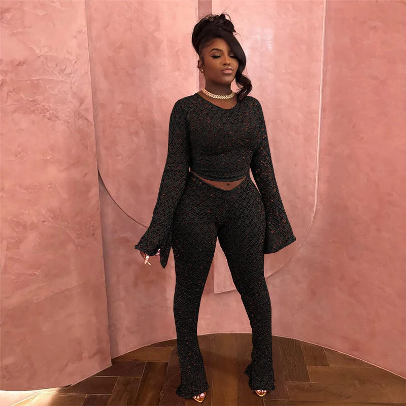 Women  Lace Long Sleeve Crop Top and Flare Pants Rave Outfit