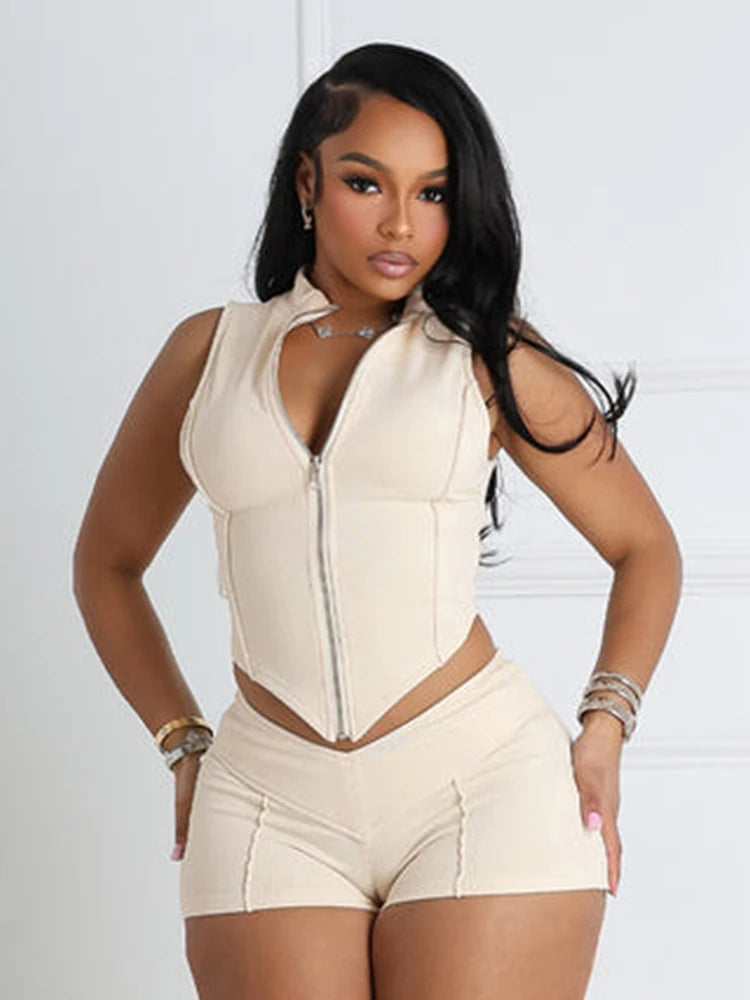 Lines Patchwork 2 Piece Set Women Zipper Cardigan Irregular Crop Top+Skinny Peach Hip Shorts Simple Sporty Streetweas