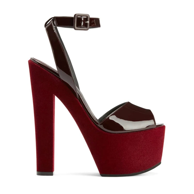 Fashion Velvet Platform Block Heel Sandals Back Cross  Strap Buckle Super High Heels Mixed Colors Woman Peep Toe Party Shoes