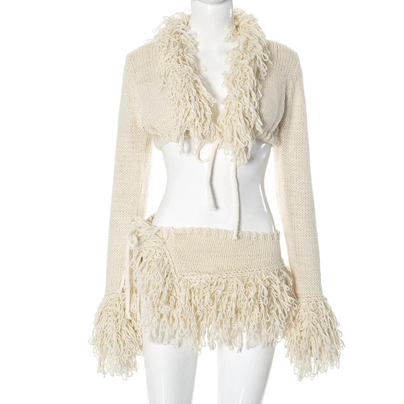 New French Knit Sexy Set Tie Cardigan Long Sleeve Navel Top + Fashion Sexy Mini Skirt Set For Y2K Hottie Girl Wear