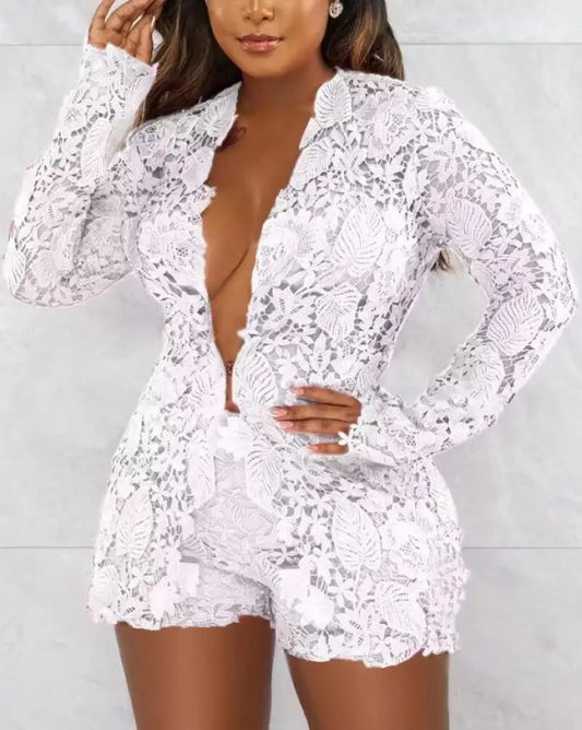 Spoken Dreams: Sexy Guipure Lace Placket Long Sleeve Set