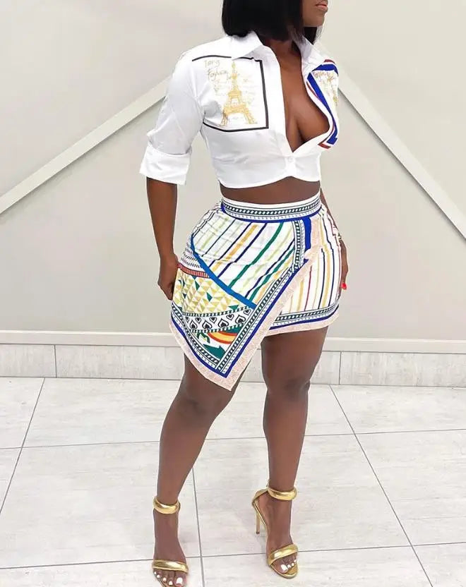 Two Piece Set Women Outfit Fashion Graphic Print Top & Button