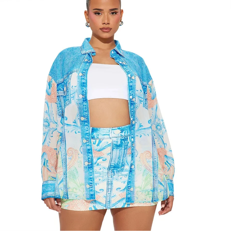 Fashion Galaxy Paisley Printed Women's Set Long Sleeve Shirt and Bodycon Midi Mini Skirts 2024 Two 2 Piece Sets Outfits