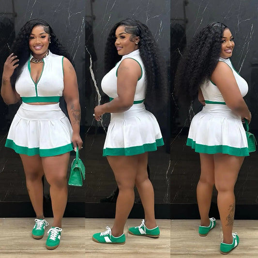 Sleeveless V-neck Vest  + Skirts Two 2 Piece Sets Tracksuit