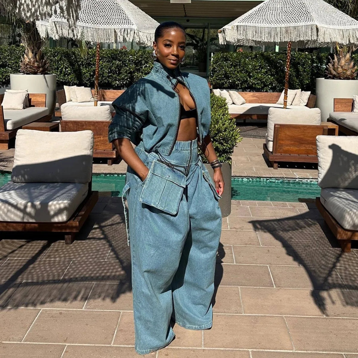 Denim Two Piece Sets Jacket Wide Leg Pants