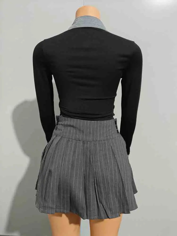 Hipster Women 2 Piece Set Y2K Chic Patchwork Irregular Button Crop Tops Pleated Skirts Matching Club Skinny Outfits