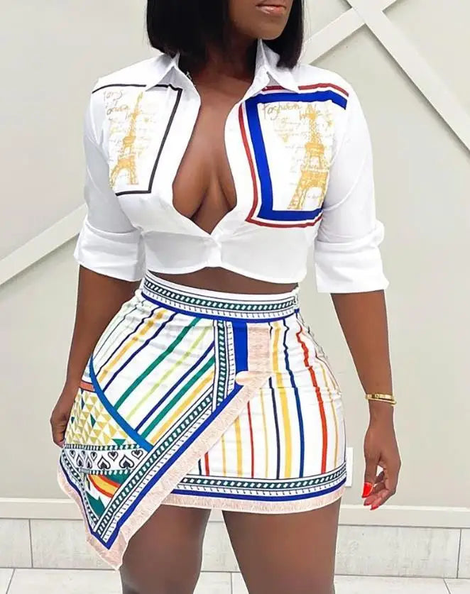 Two Piece Set Women Outfit Fashion Graphic Print Top & Button