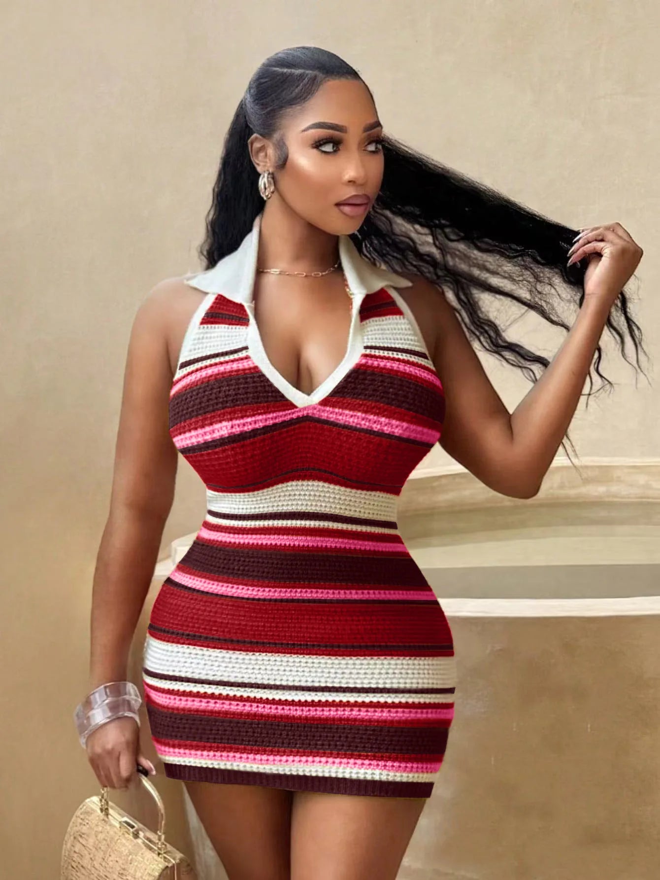 Women Sleeveless Striped Knit V-neck Tank Bodycon Mini Dress 2025 Summer Beach Vacation Birthday Sexy Party Dresses