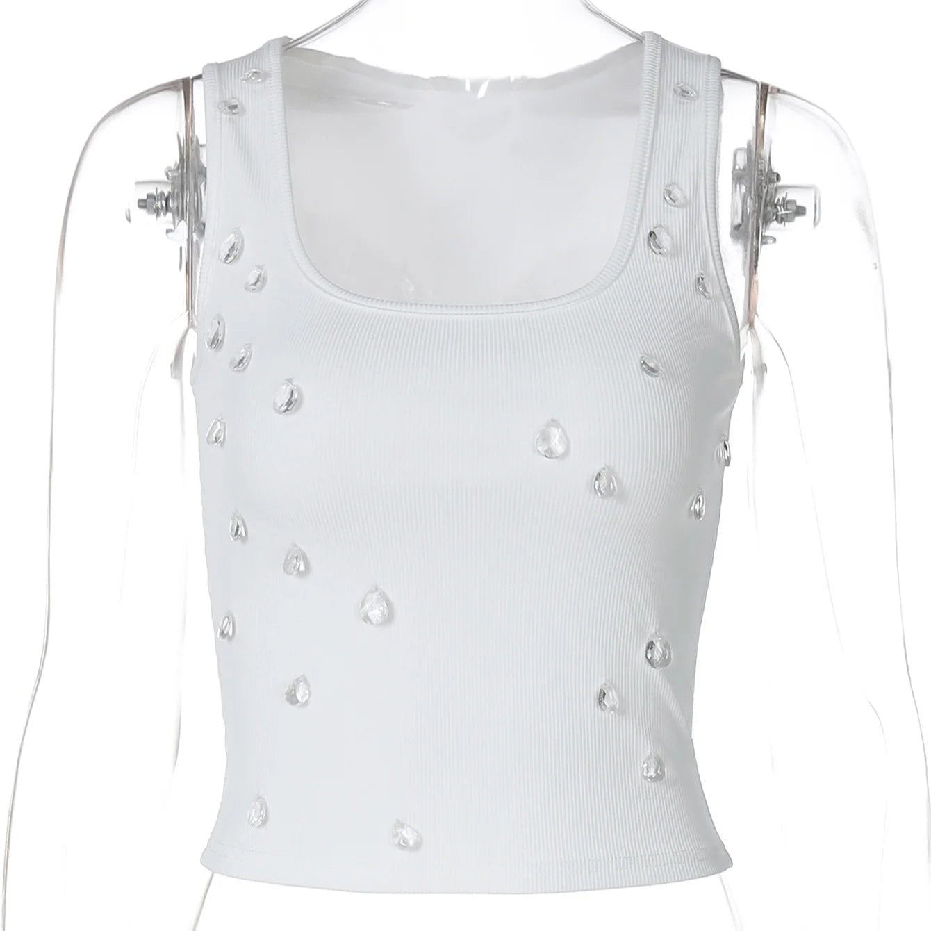 Ribbed Sleeveless Water Droplets Diamond Decorated Tank Sexy Casual Bodycon Top Party Club Streetwear Spring Summer