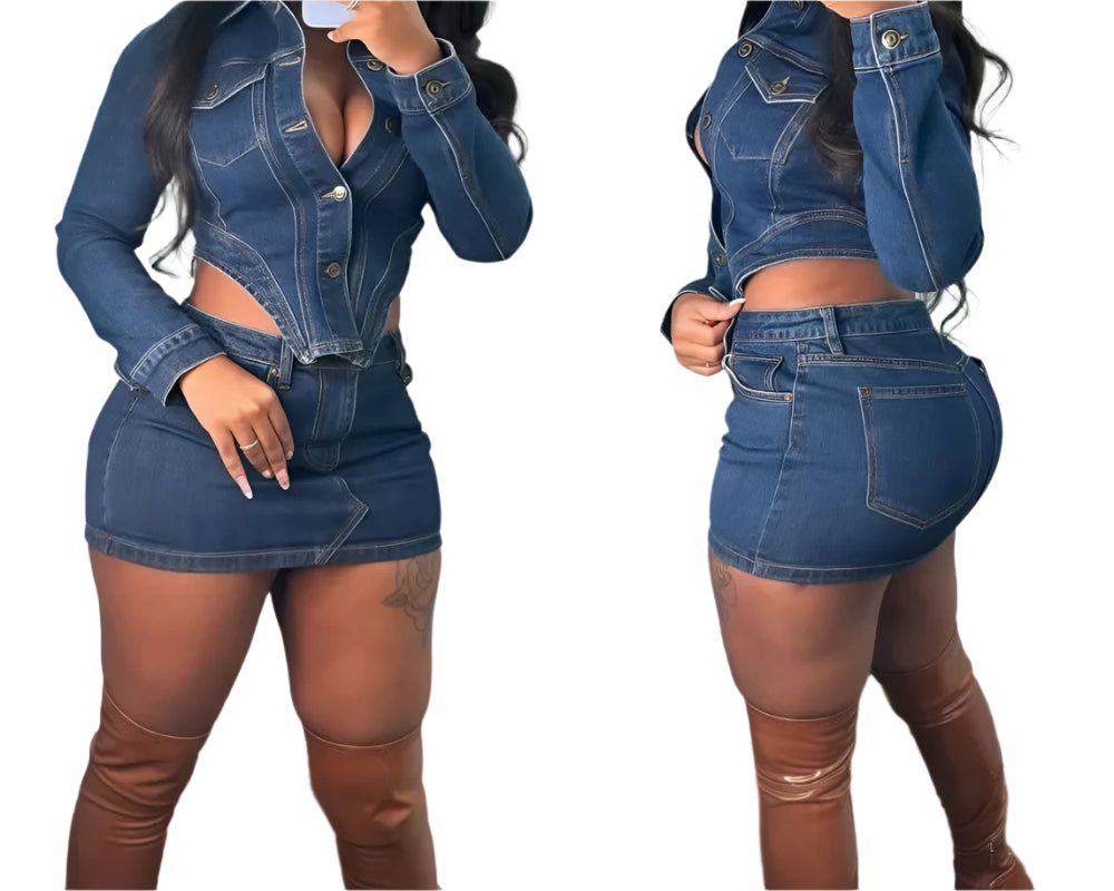 Fashion Denim Two Piece Set for Women Buttons Pocket Irregular Patchwork Crop Jacket + Skirt Female Streetwear Clothing