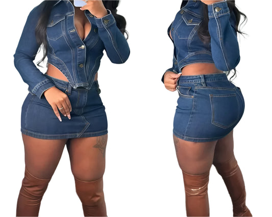 Fashion Denim Two Piece Set for Women Buttons Pocket Irregular Patchwork Crop Jacket + Skirt Female Streetwear Clothing