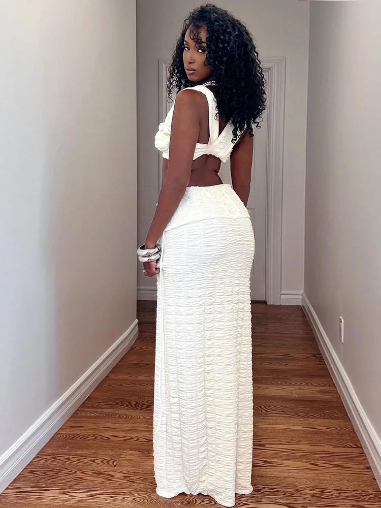 Elegant 2 Piece Set Women Hollow Square Collar Bandage Tank Tops+Stretch Long Skirts Midnight Sexy Trend Suits