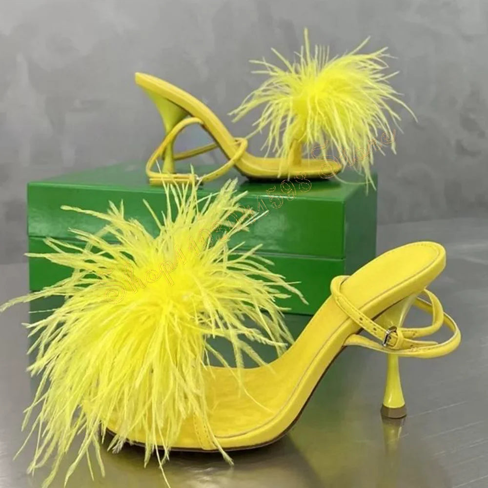 Feather Decor Ankle Strap Sandals Stilettos High heels Shoes