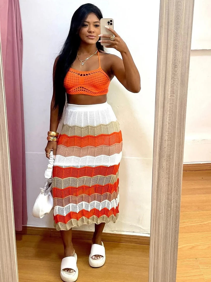 Women's Set Strap Sleeveless Crop Top + bodycon midi maxi long Skirt 2025 Beach Two 2Piece Set