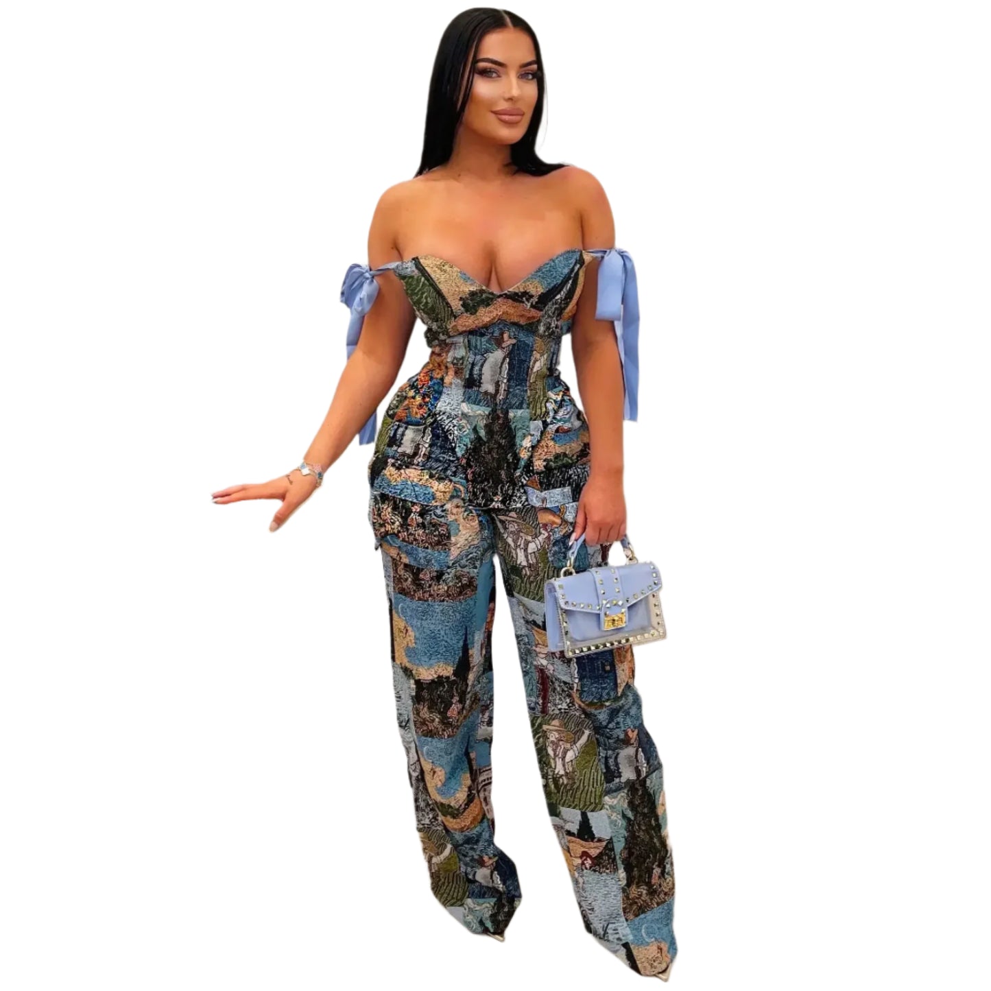 Oil Painting Printed Women's Set Lace Up Back Crop Top and Pants Suit Two 2 Piece Sets Outfit Tracksuit