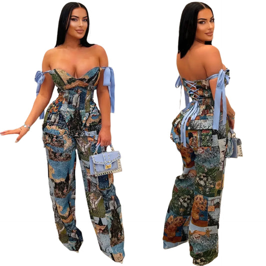 Oil Painting Printed Women's Set Lace Up Back Crop Top and Pants Suit Two 2 Piece Sets Outfit Tracksuit