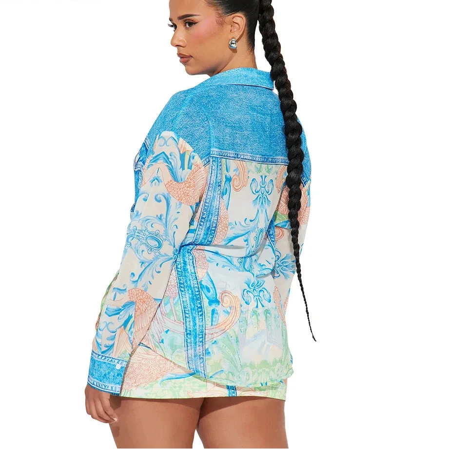 Fashion Galaxy Paisley Printed Women's Set Long Sleeve Shirt and Bodycon Midi Mini Skirts 2024 Two 2 Piece Sets Outfits