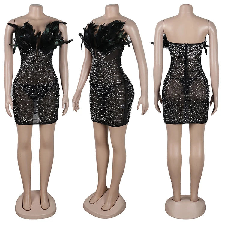 Sexy Feathers Rhinestones Backless Diamond Sheer Mesh Bodycon Dresses for Woman Rave Club Birthday Party Night Vestidos