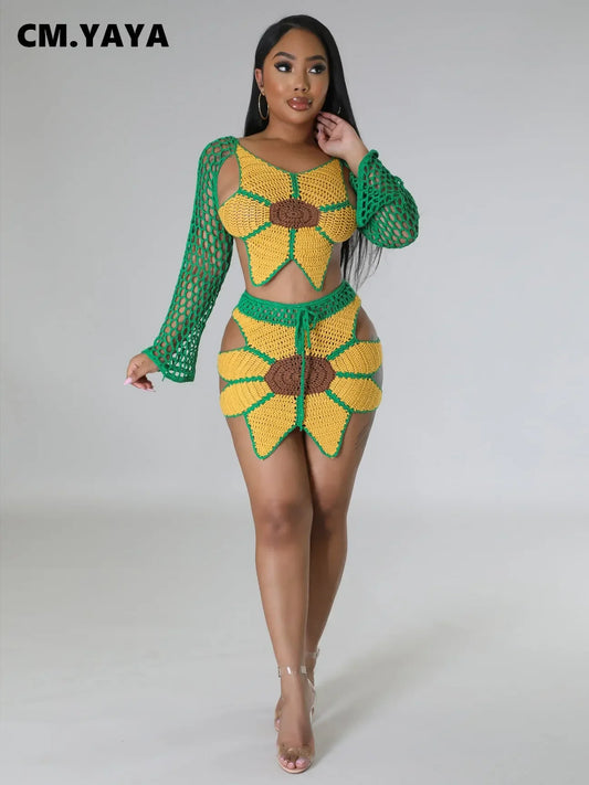 Crochet Sunflower Women Two 2 Piece Set Outfits Crop Top and Midi Mini Skirt Suit 2025