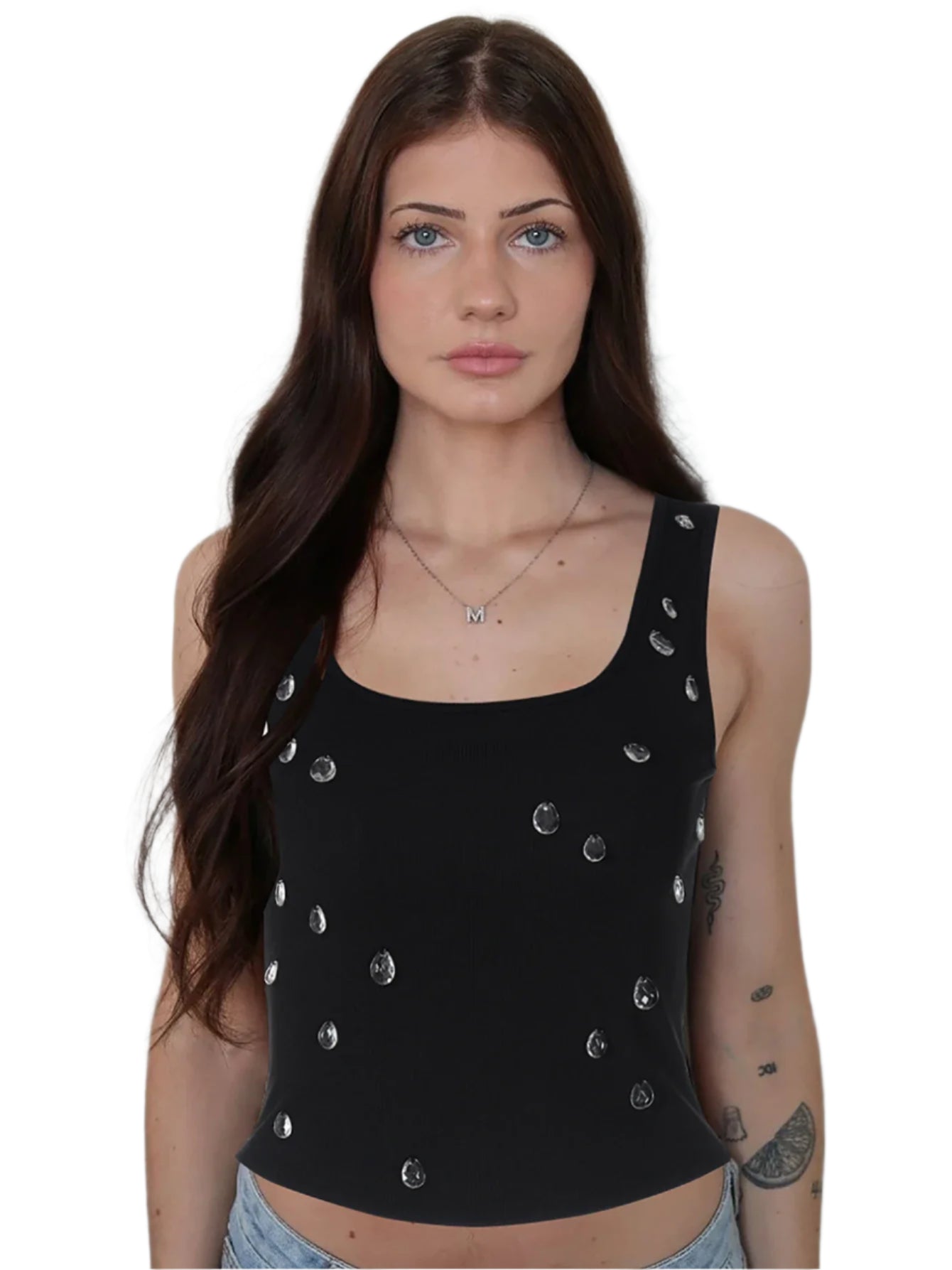 Ribbed Sleeveless Water Droplets Diamond Decorated Tank Sexy Casual Bodycon Top Party Club Streetwear Spring Summer
