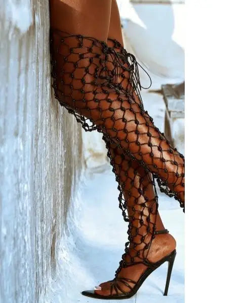 Colourful Beaded Straps Sexy Gladiator Over The Knee Boots