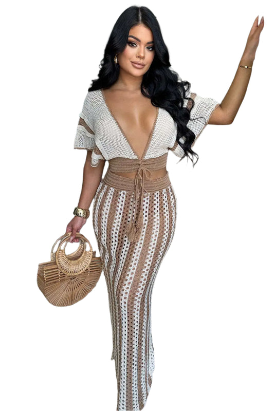 Women's Set Short Sleeve V-neck Top + Long Skirts Suit Summer  Beach Sexy Two 2 Piece Sets