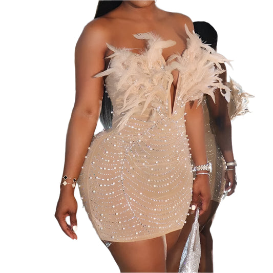 Sexy Feathers Rhinestones Backless Diamond Sheer Mesh Bodycon Dresses for Woman Rave Club Birthday Party Night Vestidos
