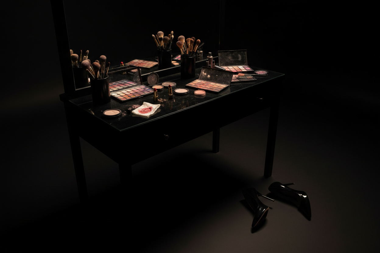 a vanity table, with one pair of heels (one tumbled down), and the vanity table is a bit messy full of make up and cosmetics, like it was just used. include a box container of make up tools that looks like they were just used. make it have the same tone as a black studio