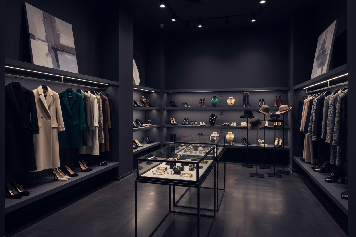 a walk-in store filled with a showcase of items: coats & blazers, hills & stilletos, hats for women, and different types of jewelries for women. make it h ave a darker tone, like a dark studio